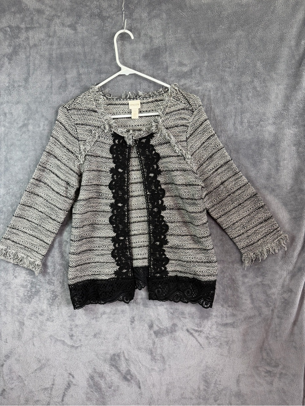Chico’s Size 1 Medium Black White Tweed Open Front Jacket Lace Trim Cardigan